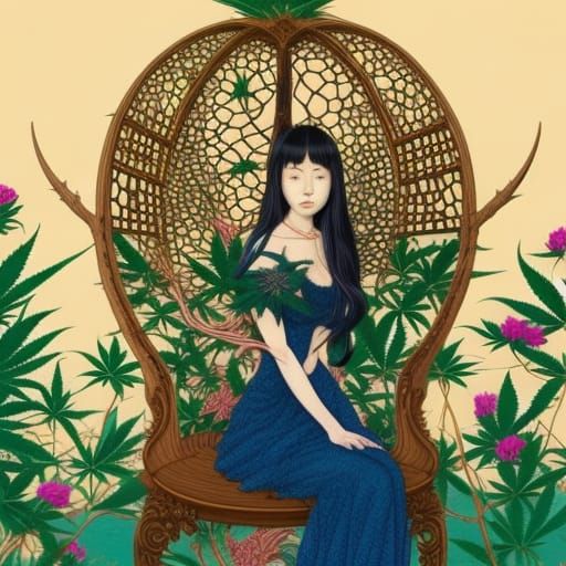Woman in Surreal Cannabis Chair: Fairytale Art