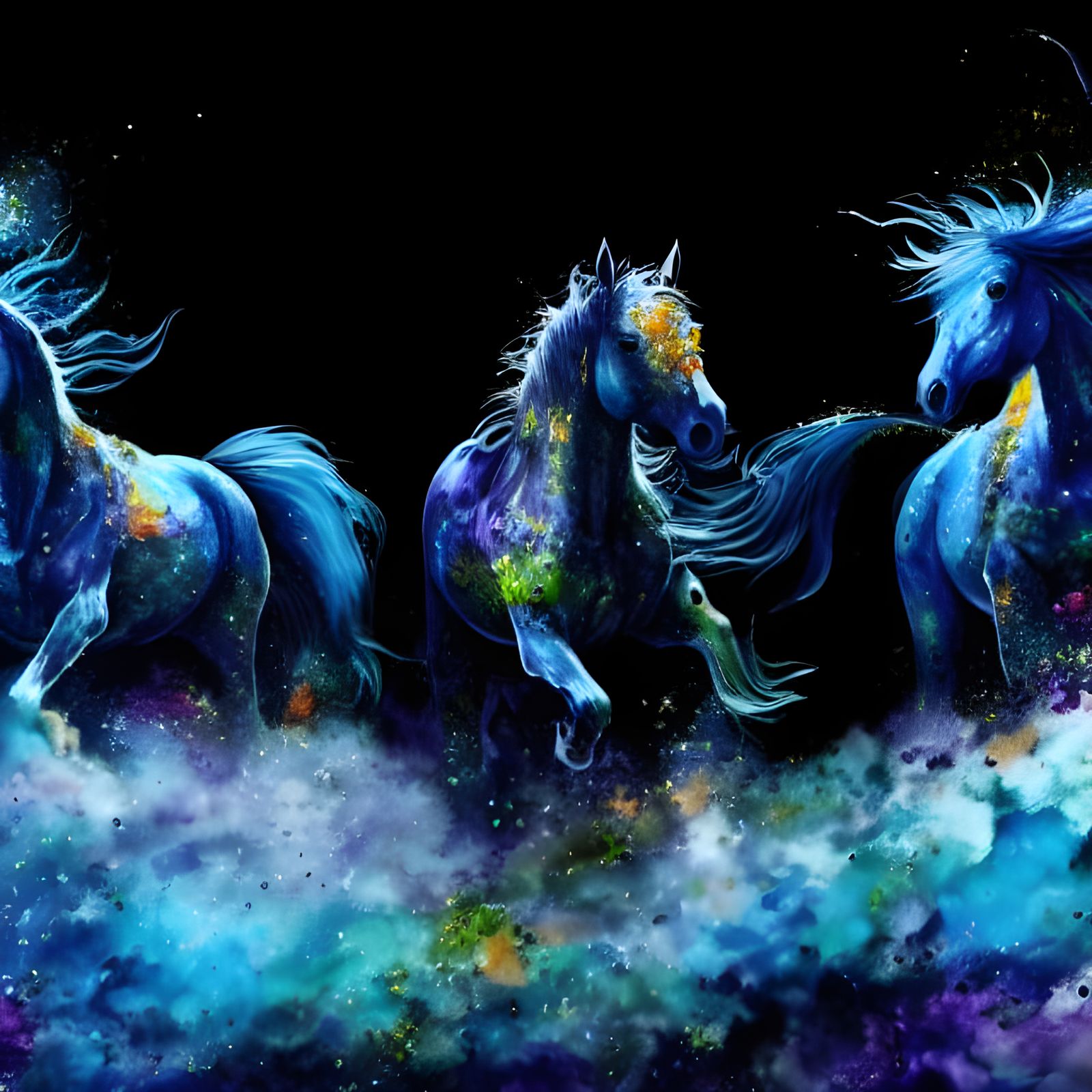 Kaleidoscopic Wild Horses at Night, Detailed Ink Art