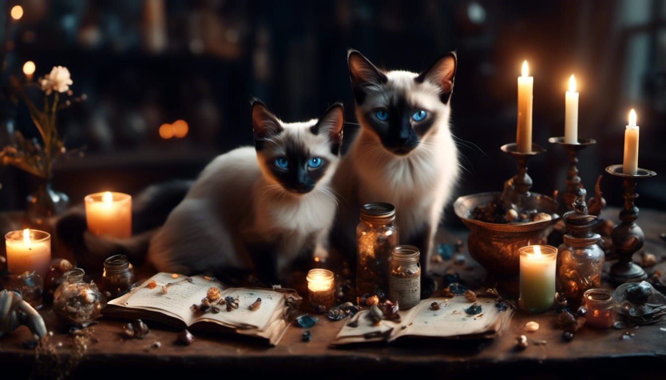 <lora:Minoucherie:1.0> Alchemy table sorcery artefacts candles divination potions cute siamese cat