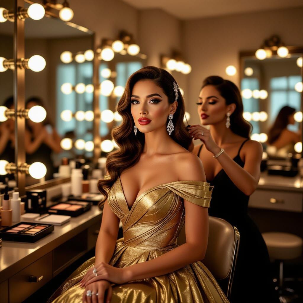 Glamorous Hollywood Actress Styled in Golden Gown