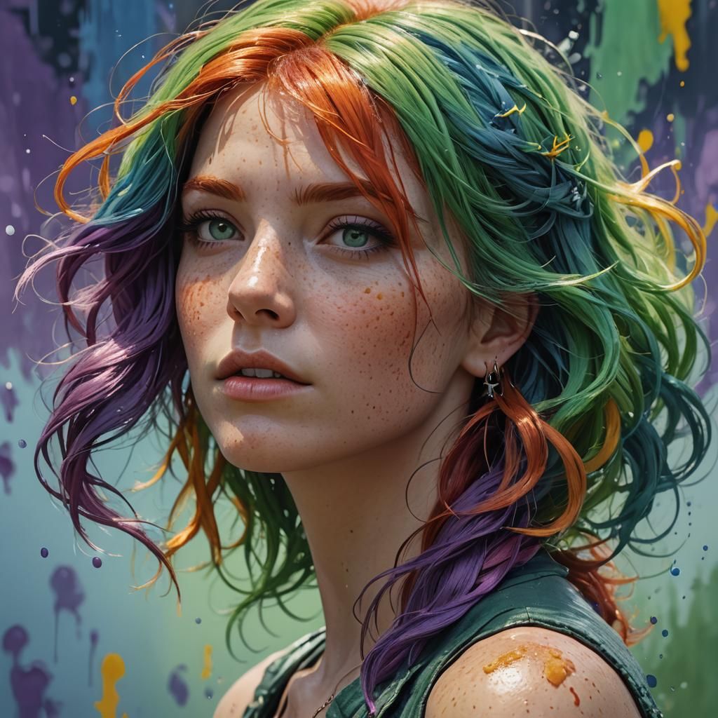 Rainbow Haired Woman in Hyperrealistic Splash Art