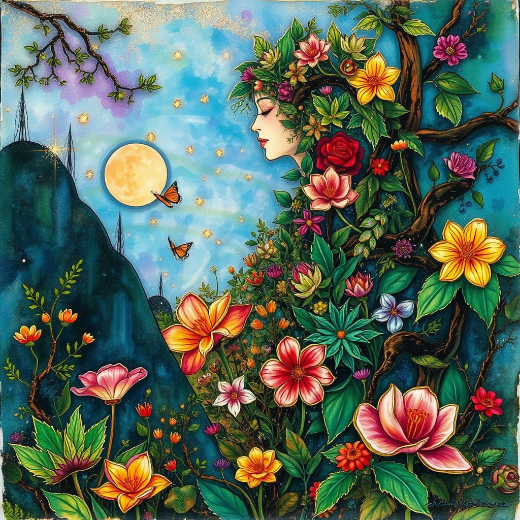 Floral Woman in Surreal Landscape with Metallic Accents