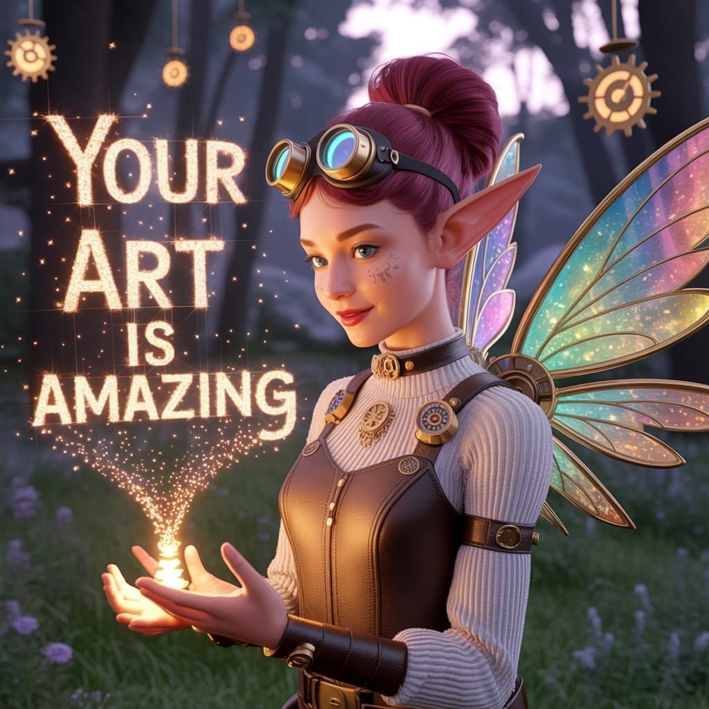 Radiant Steampunk Elf Creates Message in Forest