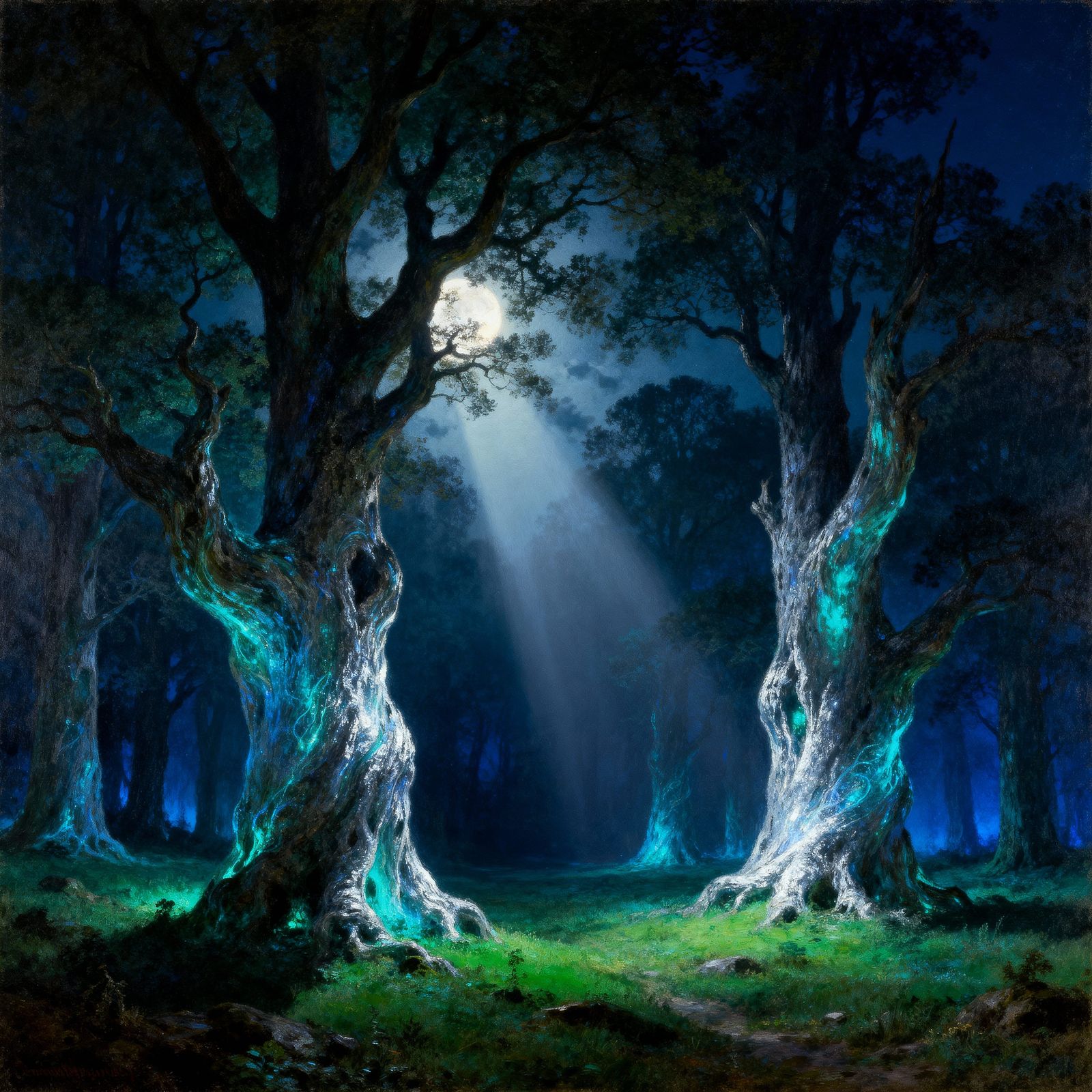 Enchanted Forest Clearing at Night Painting