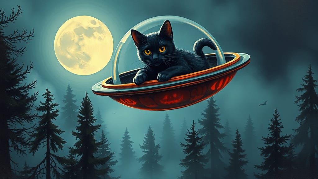 Halloween Cat in Flying Saucer, Graffiti Art