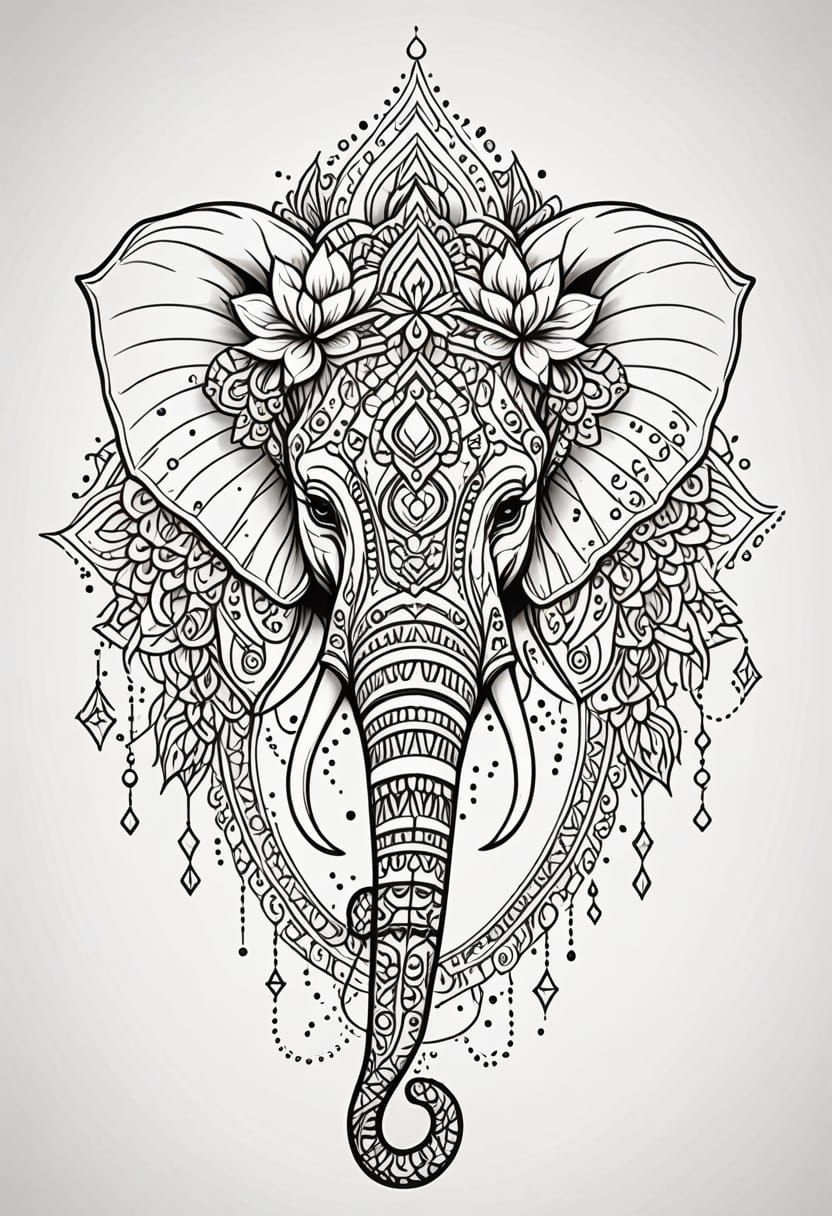 Elegant Ornamental Elephant with Lotus Flower Mandala Tattoo...