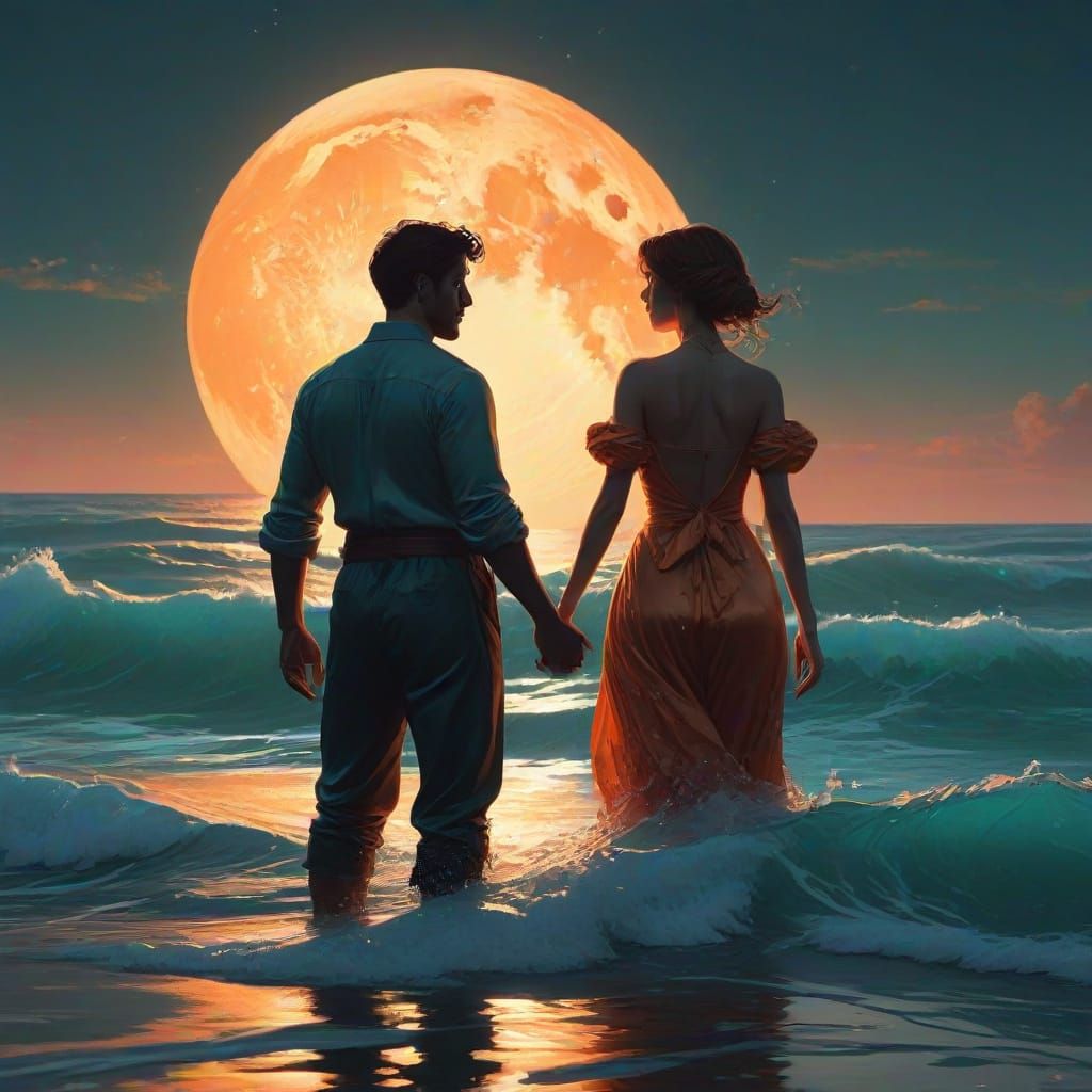 Moonlit Seascape with Figures in Art Nouveau Style