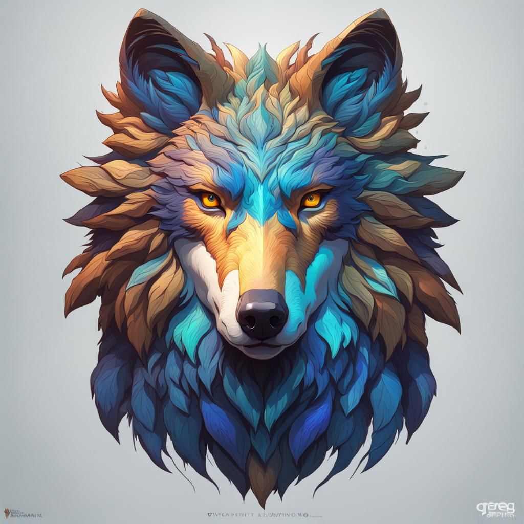 Wolf Peacock Hybrid Portrait in Hyperdetailed Style