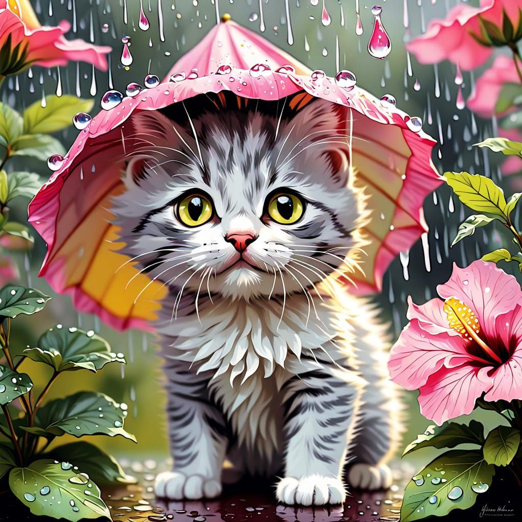 Whimsical Kitten Finds Shelter Under Hibiscus