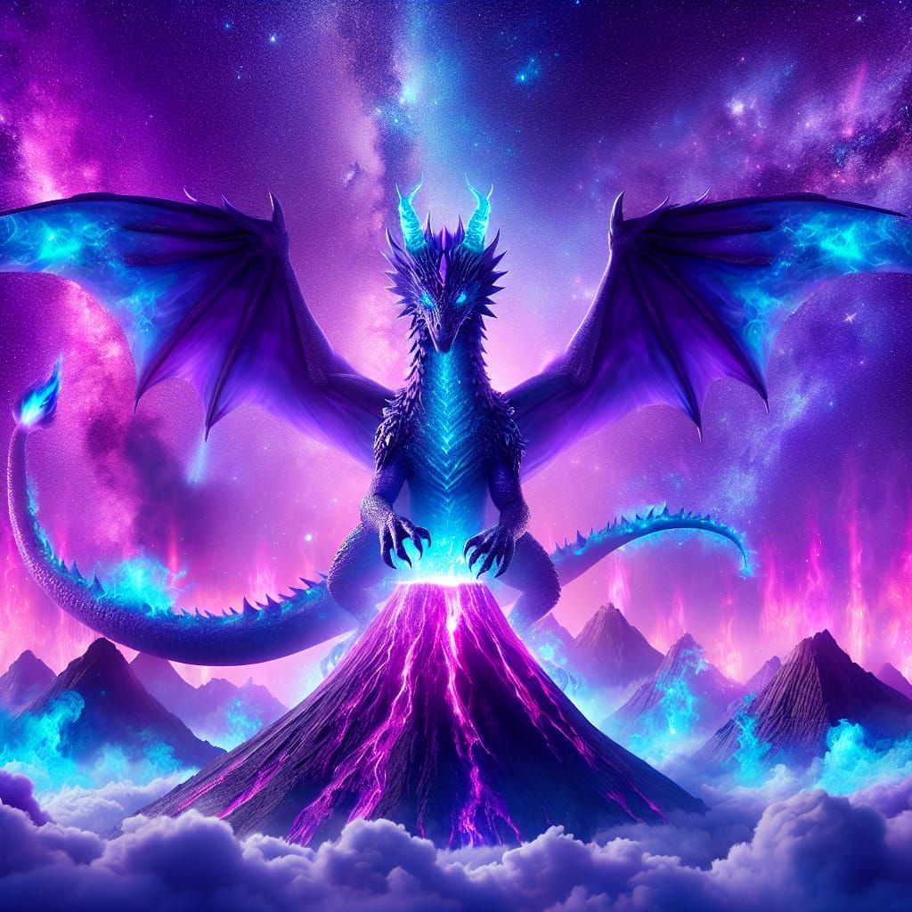 Indigo Dragon Emerges from Purple Volcano Fire