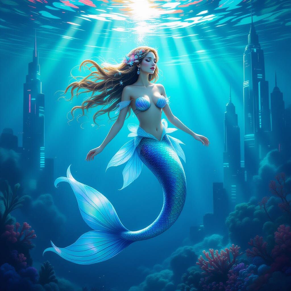 Mermaid in Cyberpunk City, Dreamy Surreal Scene