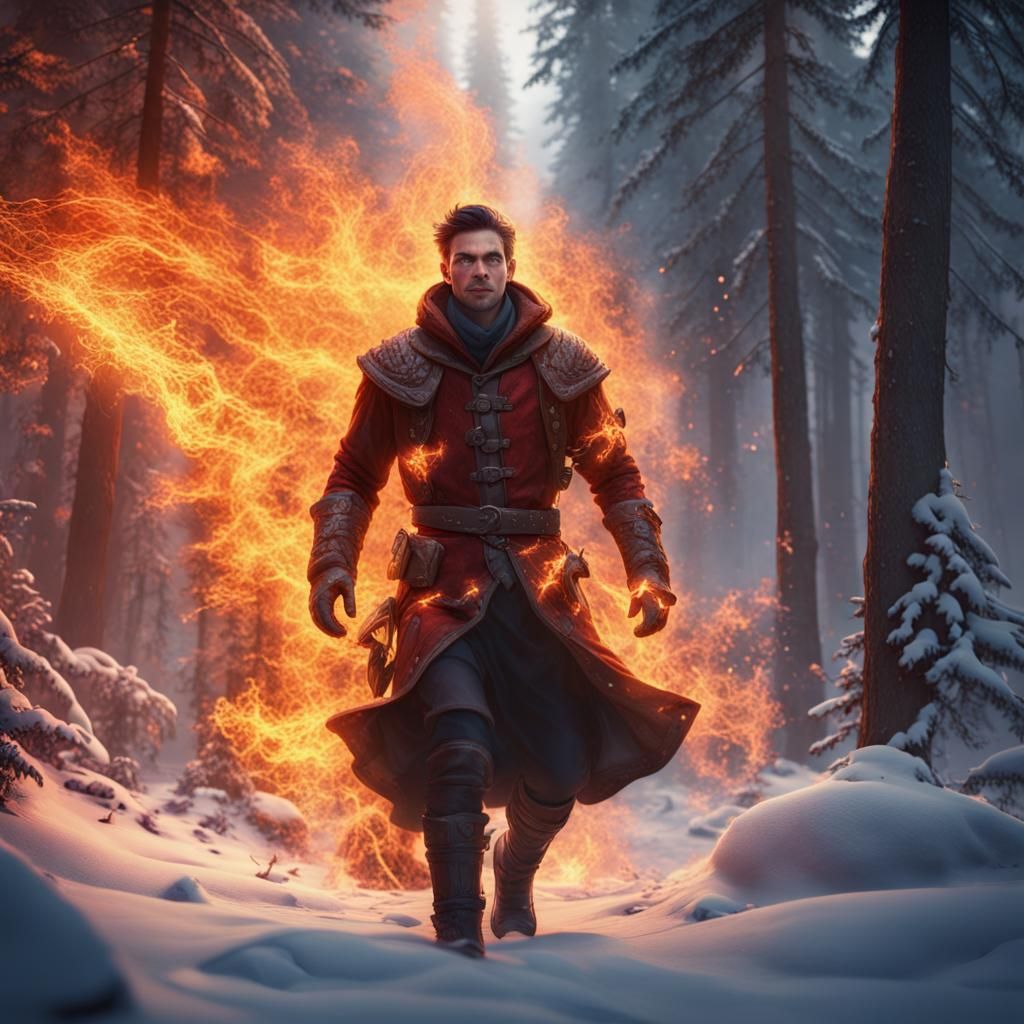 Fiery Figure Gliding Through Winter Forest