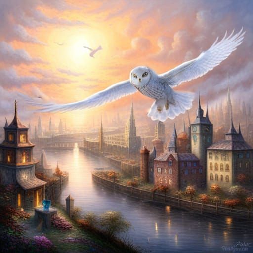 Ethereal Owl Flight Over Misty Cityscape