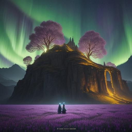 Lush Flower Field Embrace Under Northern Lights