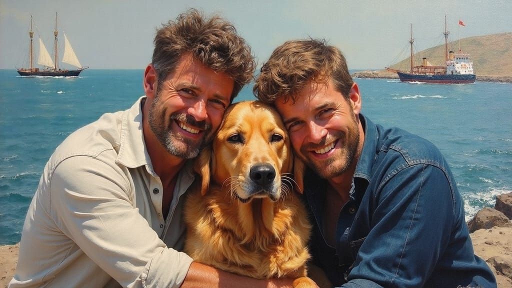 Impressionistic Painting: Men, Dog, and Maritime Scene