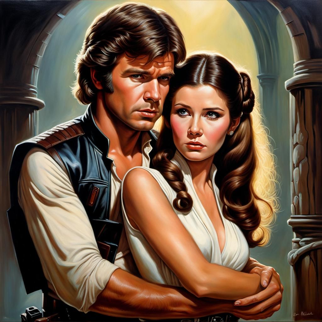 Han Solo and Leia Embrace, Hyperdetailed Oil Painting