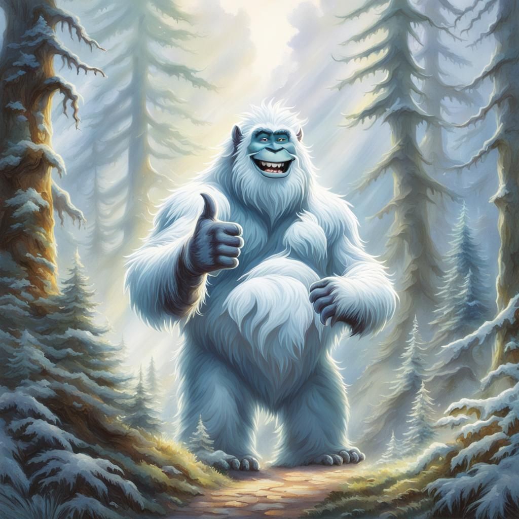 Smiling Yeti Postcard in Ethereal Forest