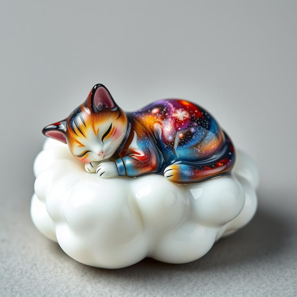 Galaxy Cat on Cloud, Enameled Glass Figurine