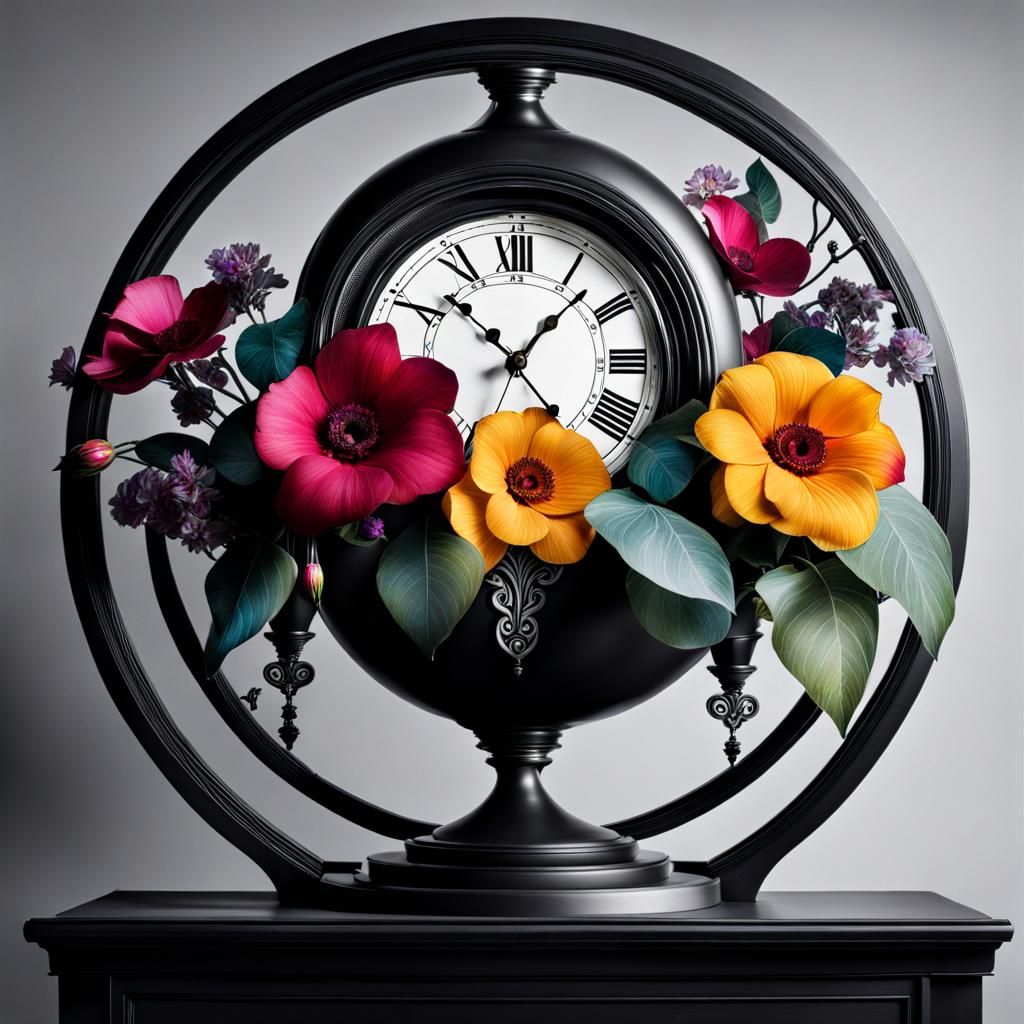 Art Nouveau flowers with Dadaist clock