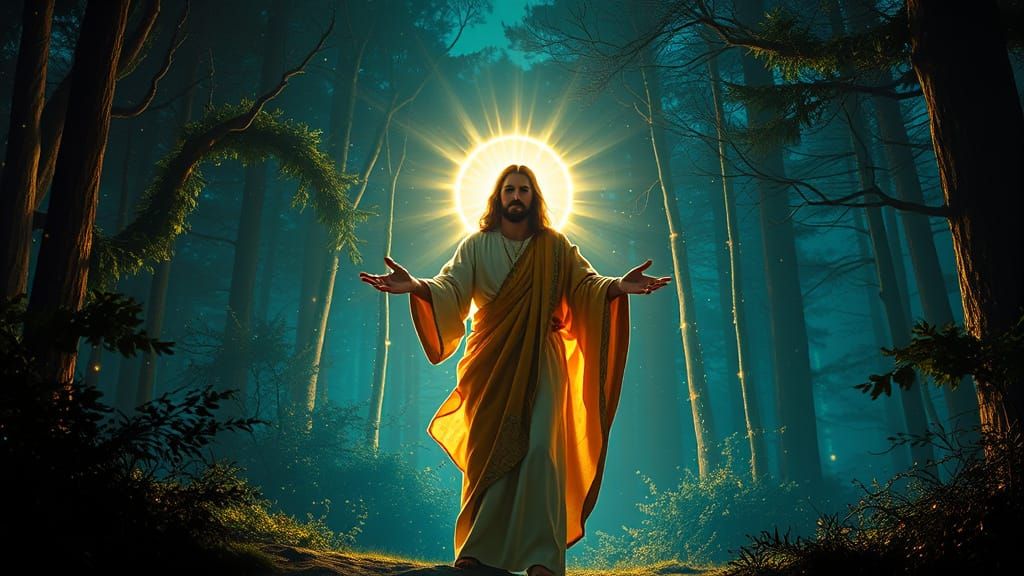 Jesus in Neon Forest: Dark Fantasy Art Nouveau