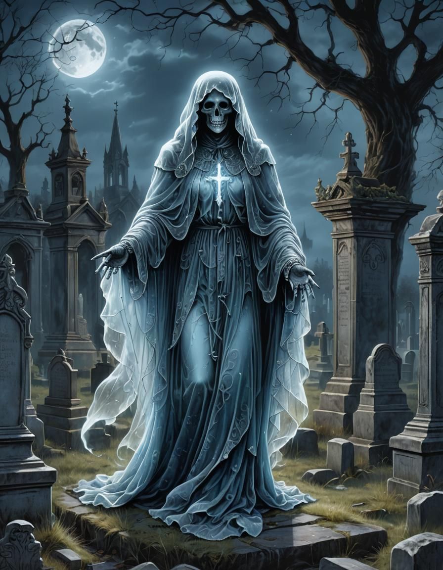 Eerie Ghost in Graveyard: Horror Concept Art