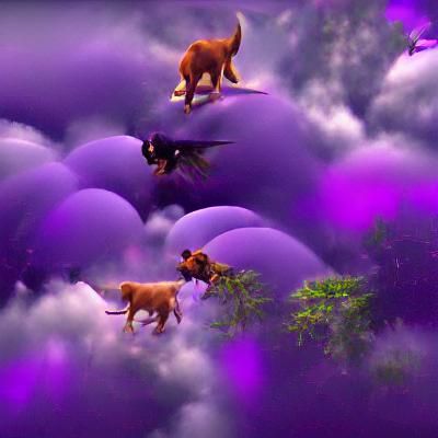 Puppies Flying in Purple Fantasy Jungle, 8K