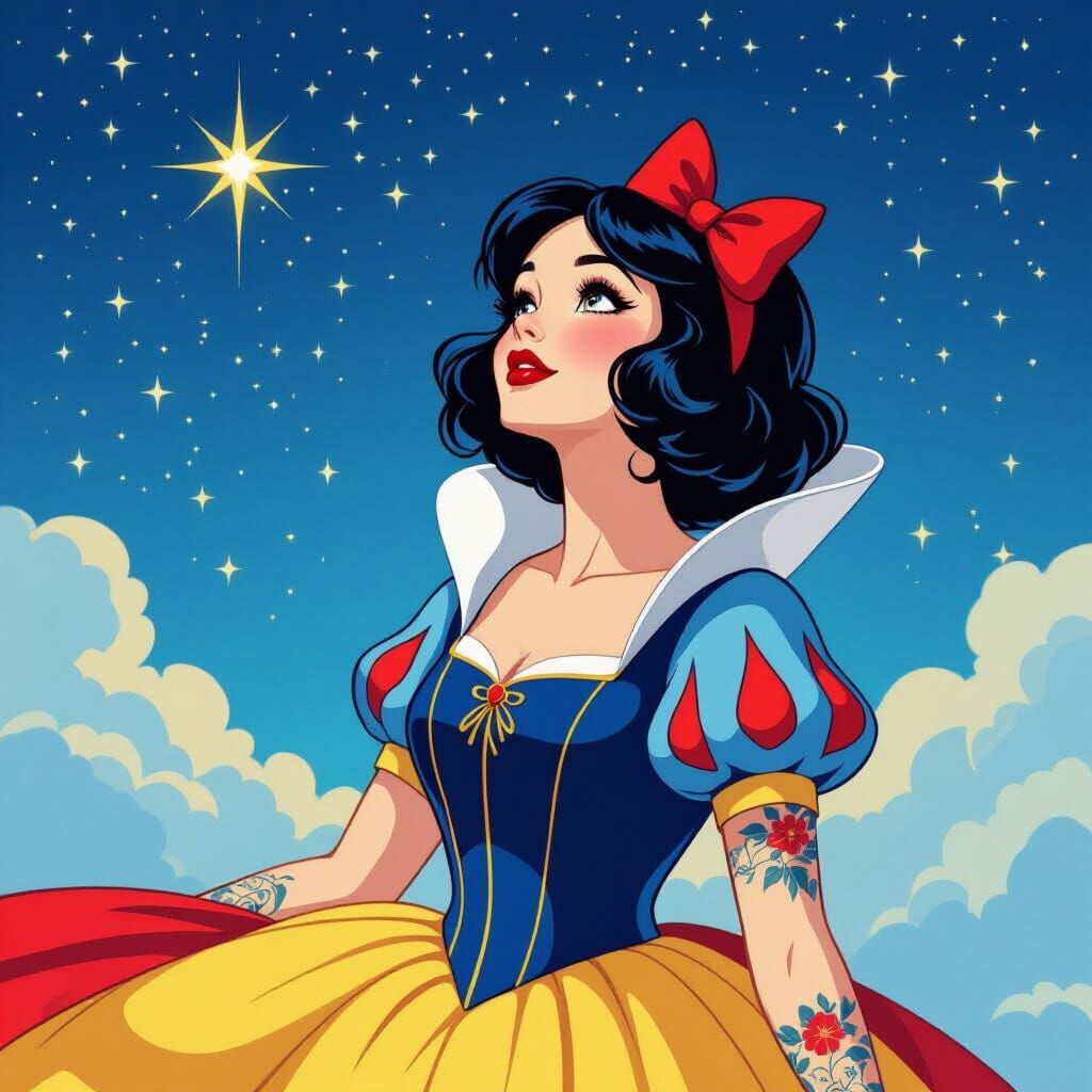 Snow White Glimpses Starry Night: Digital Art