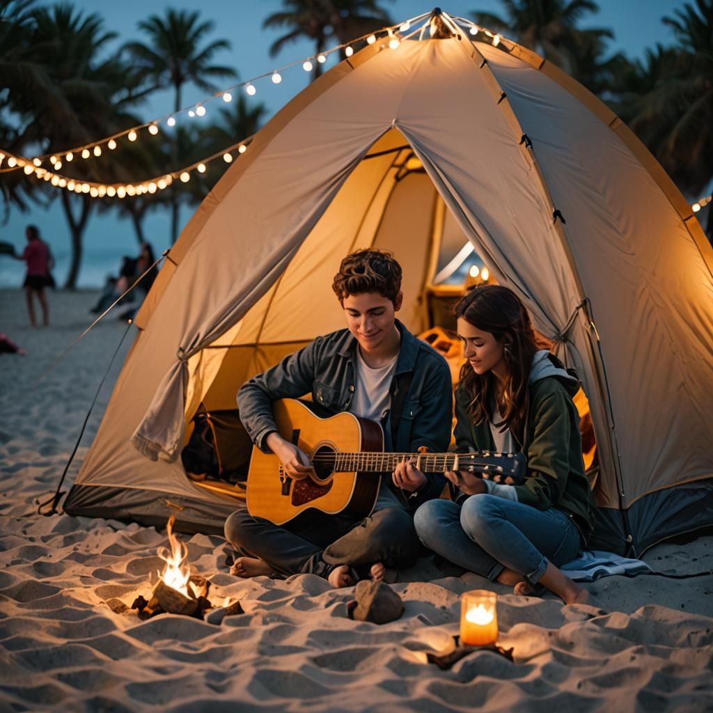 Romantic Beach Camping Scene in Evening Light