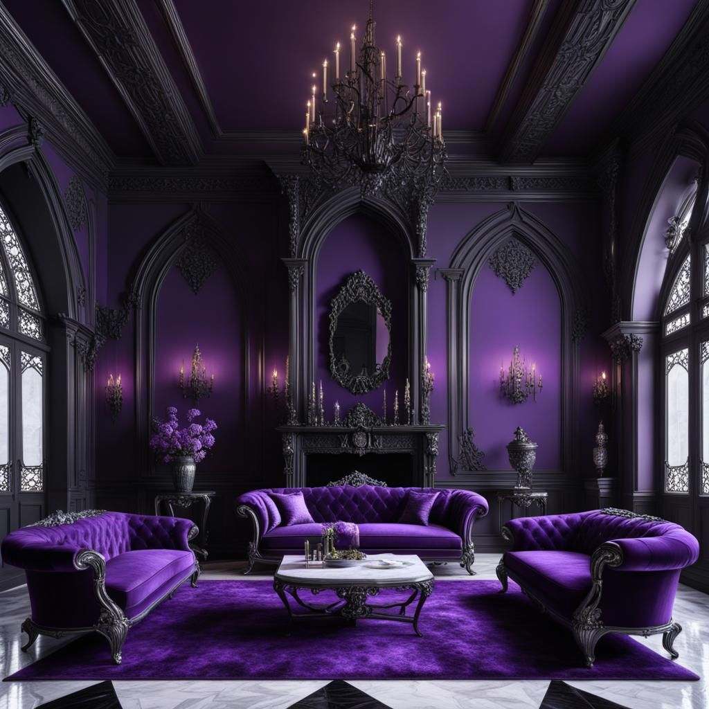 Luxurious Gothic living room with purple walls and black accents& purple gothic victorian sofa and Silver Gothic tables&...
