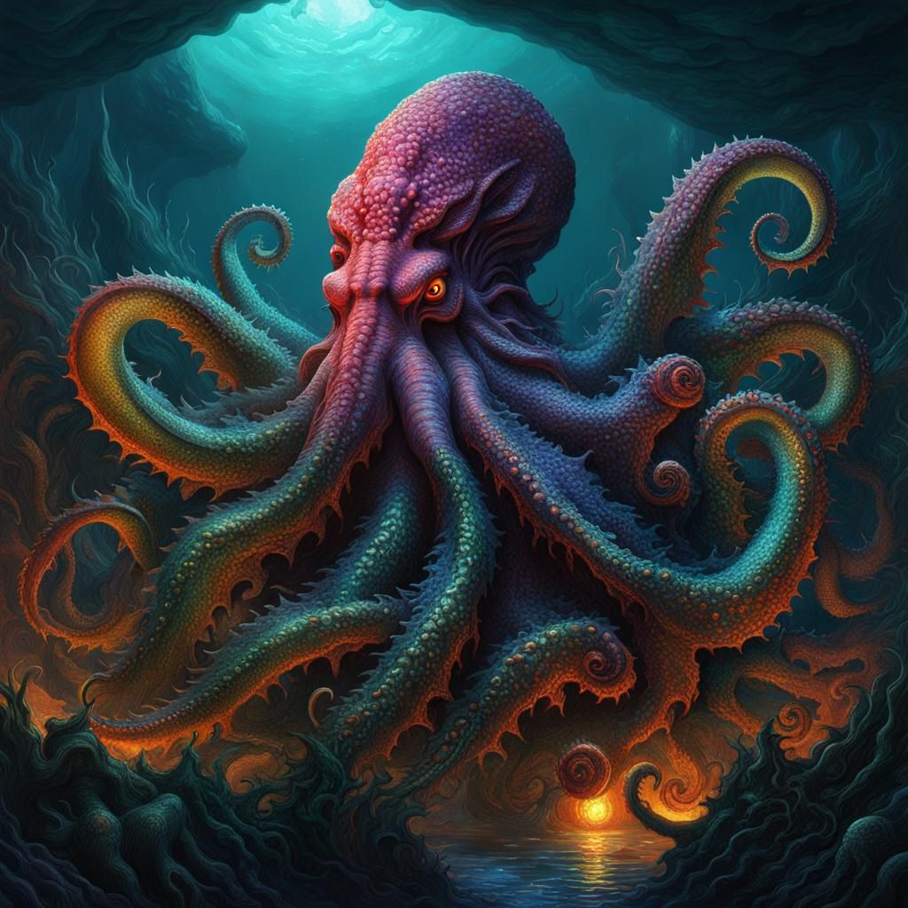 Cthulhu Kraken Fusion in Detailed Ink Drawing