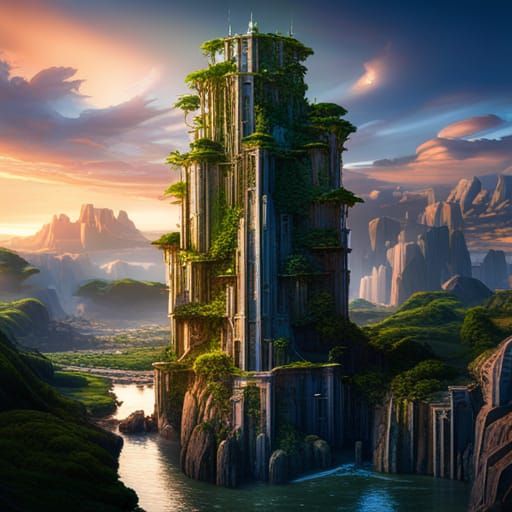 Vertical City Inside Majestic Tree at Sunset