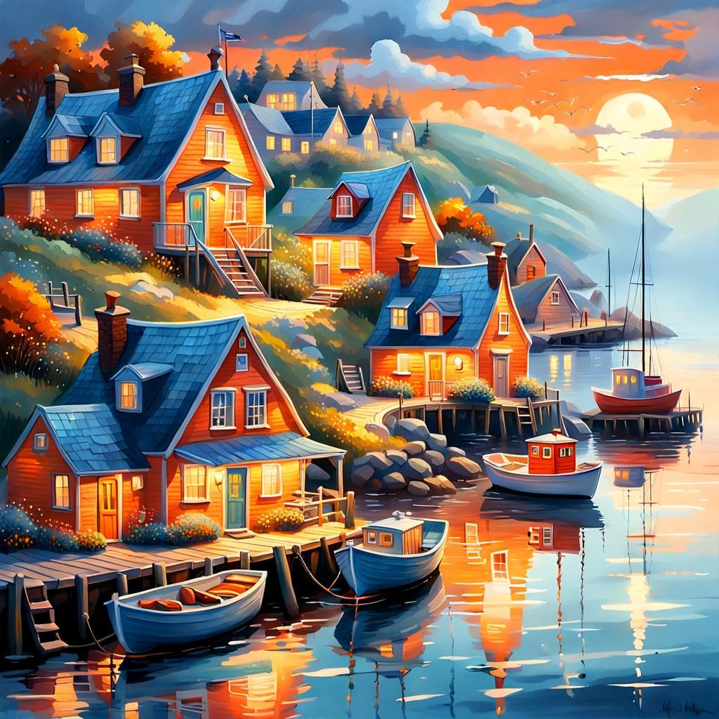 Idyllic Coastal Village in Folk Art Style