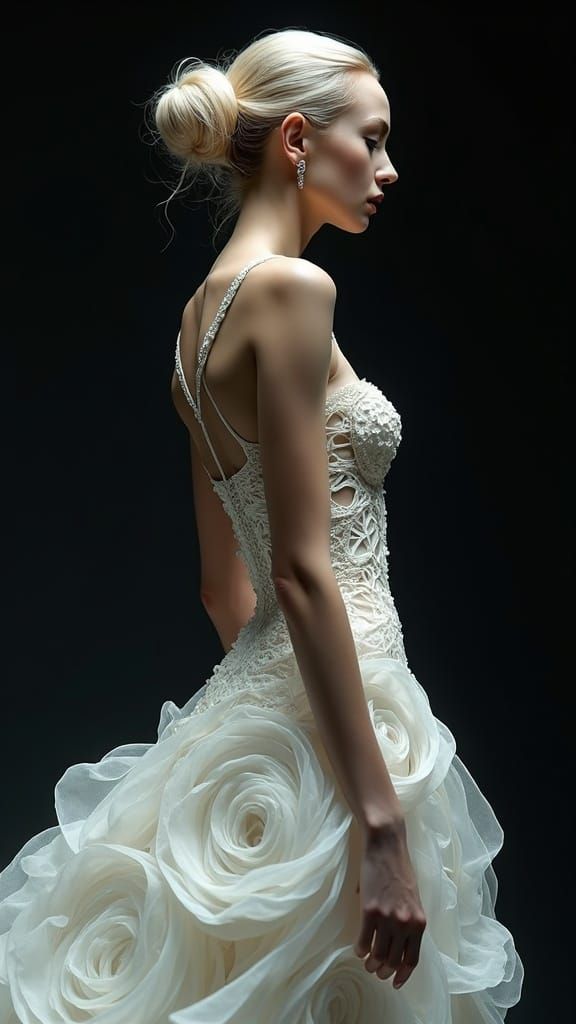 Statuesque Blonde in Avant-Garde Architectural Dress