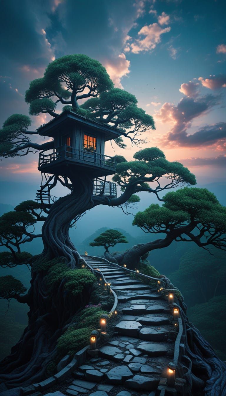 Surreal Treehouse Portal with Bonsai Garden