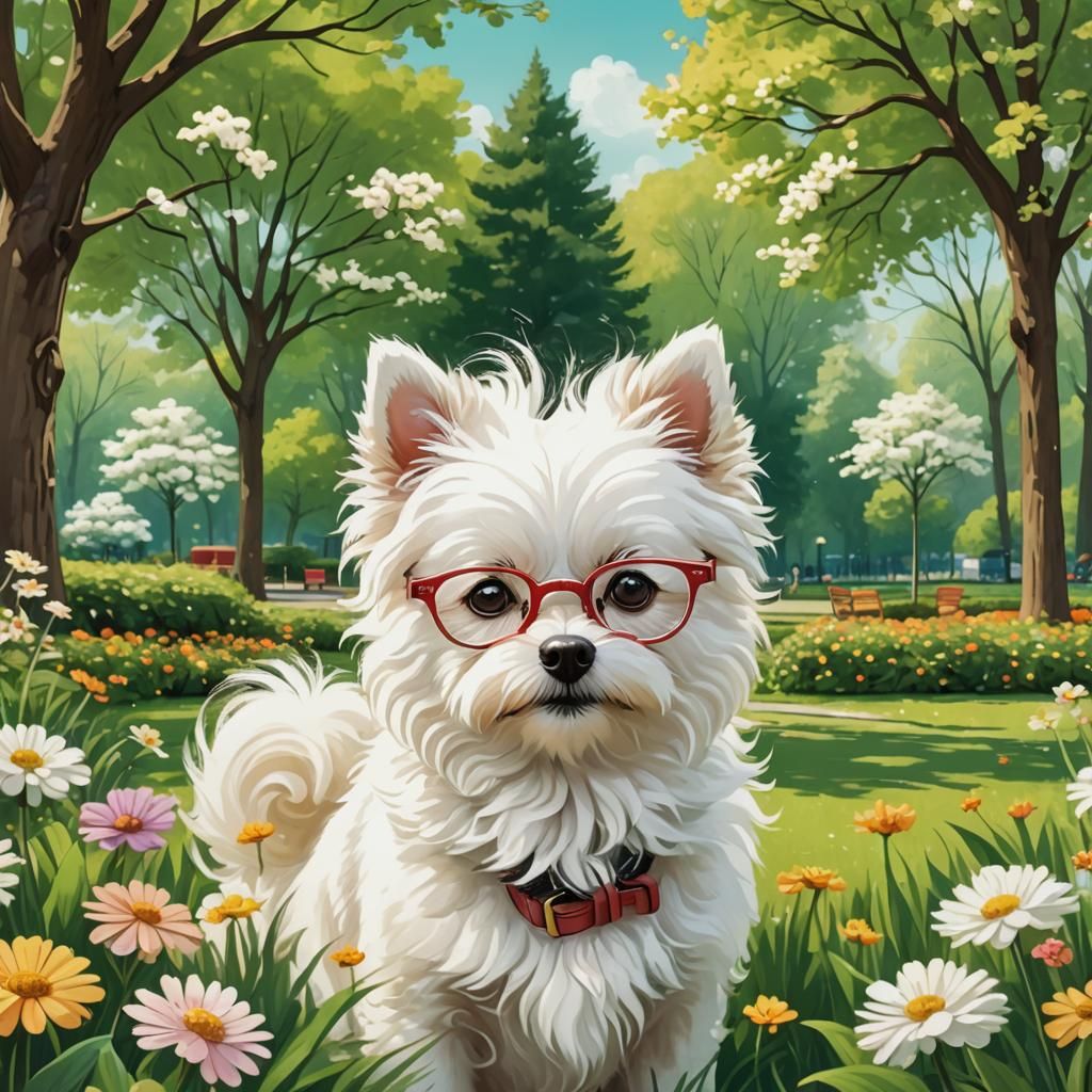 Happy White Dog with Glasses in Park