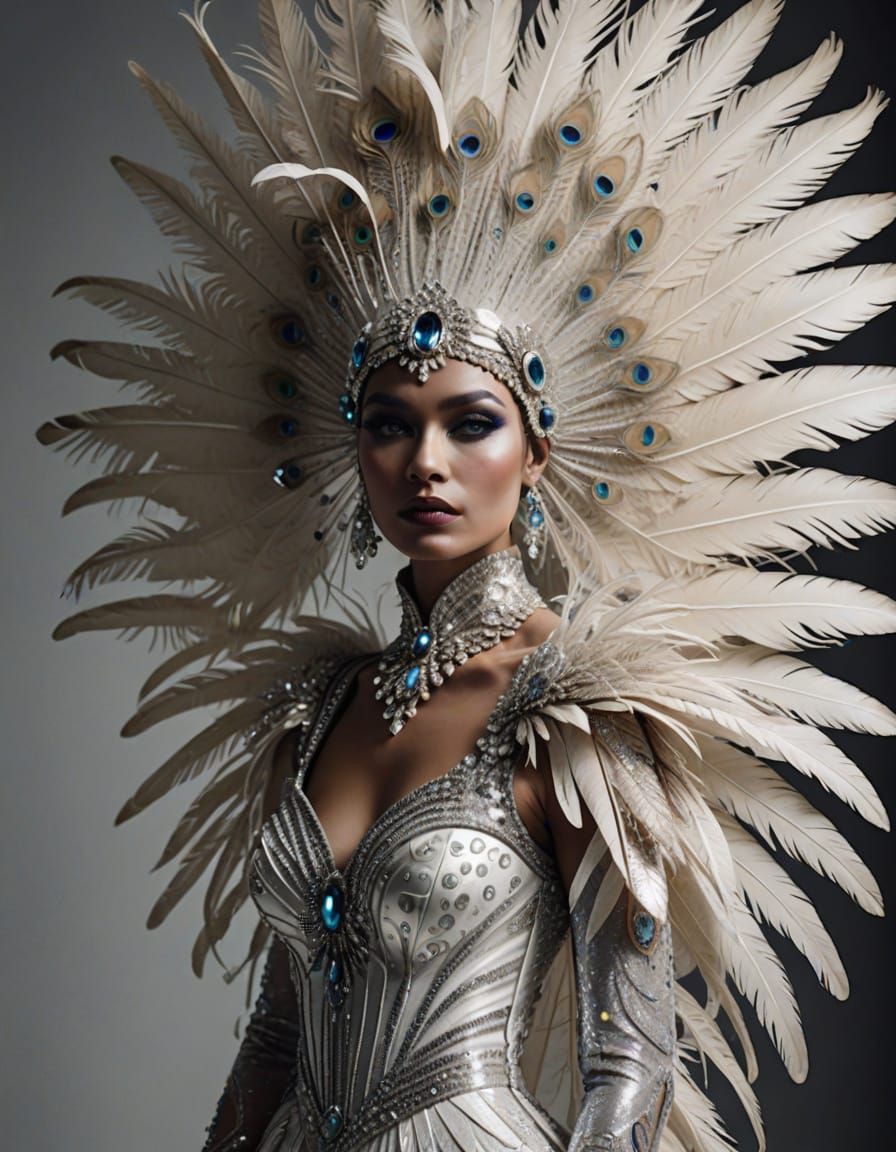 Dazzling Showgirl in White Peacock Feather Headdress