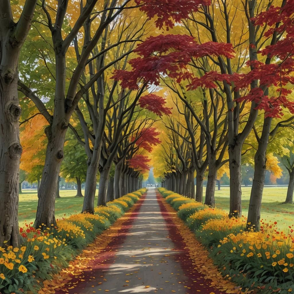 Autumn Lane with Fall Flowers