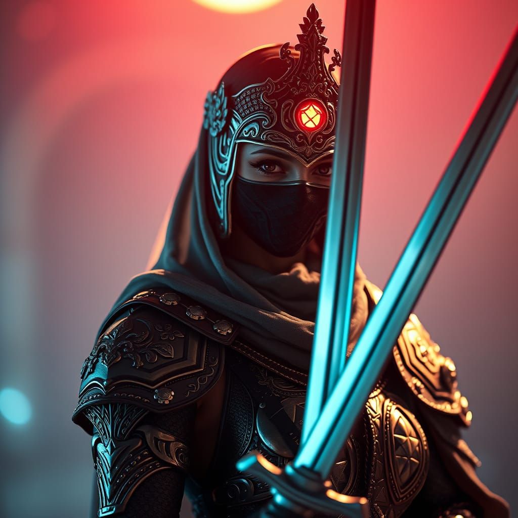 Ethereal Arabic Warrior in Futuristic Armor