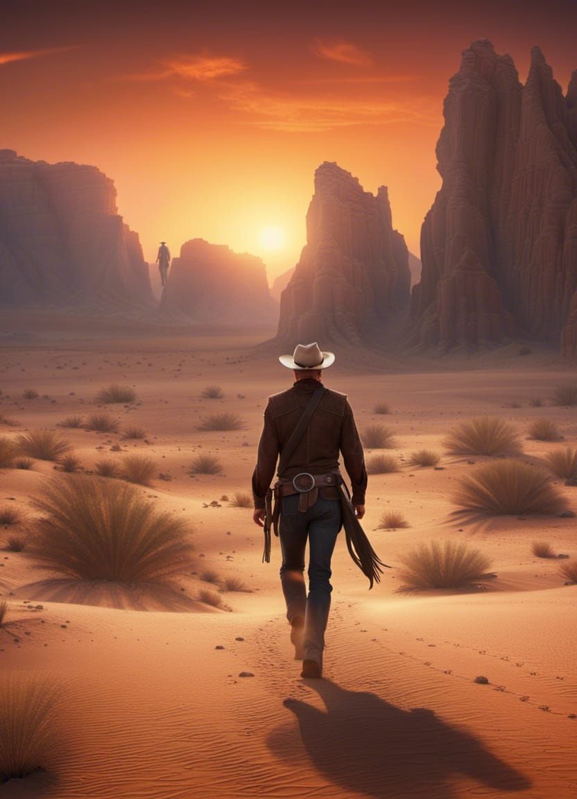 A cowboy walking away towards the horizon in a desert at sunset with rock formations in the background Epic cinematic br...