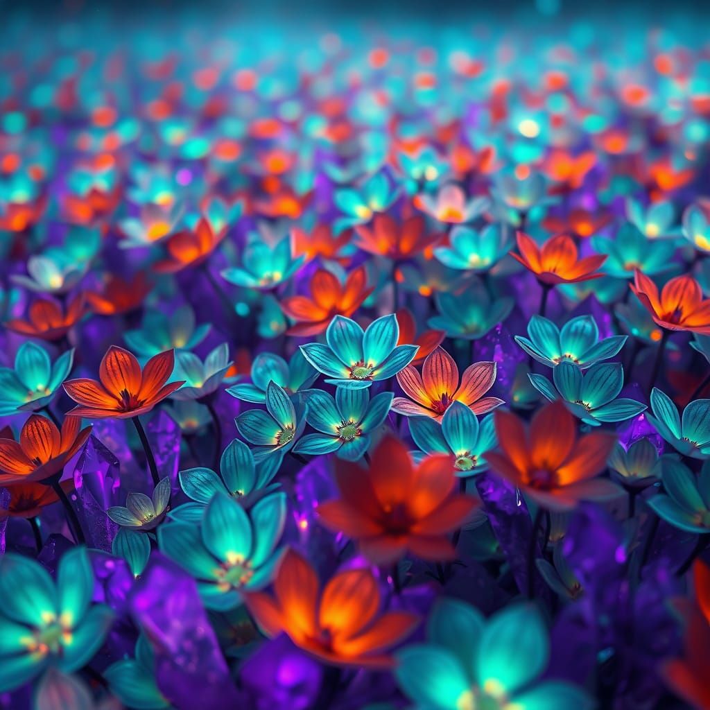 Glowing Teal Blooms Amidst Purple Crystals in Ethereal Lands...