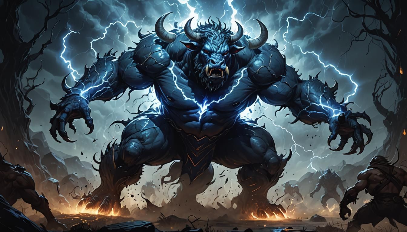 Anthropomorphic Bovine Monster Battles Magical Foe