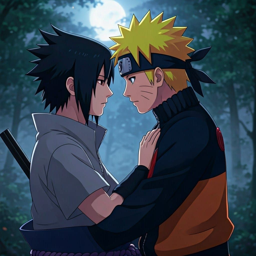 Embracing Figures in Misty, Moonlit Forest