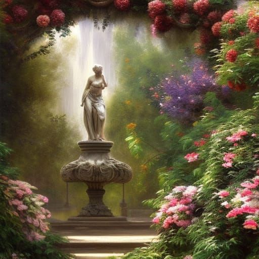 Romantic Garden with Marble Statues, Oil Painting