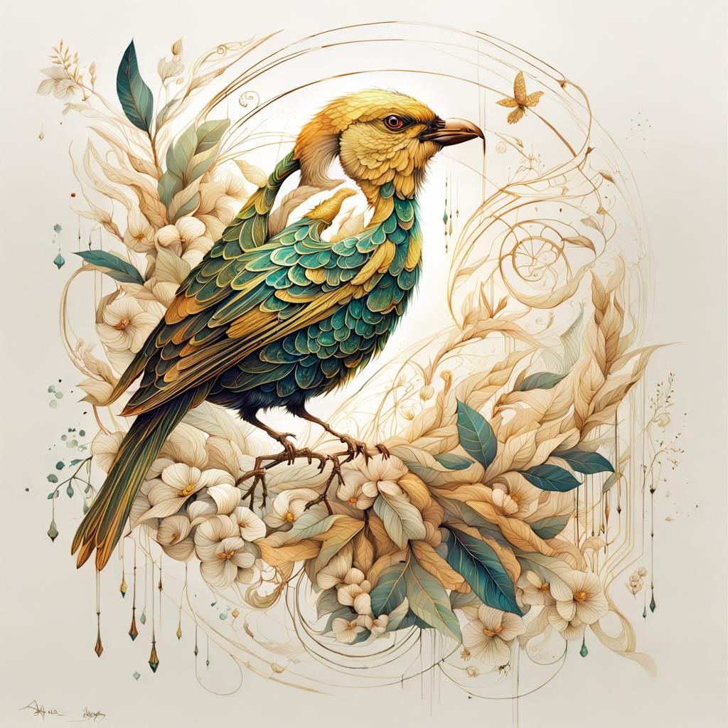 Botanical Bird with Golden Outlines Digital Painting