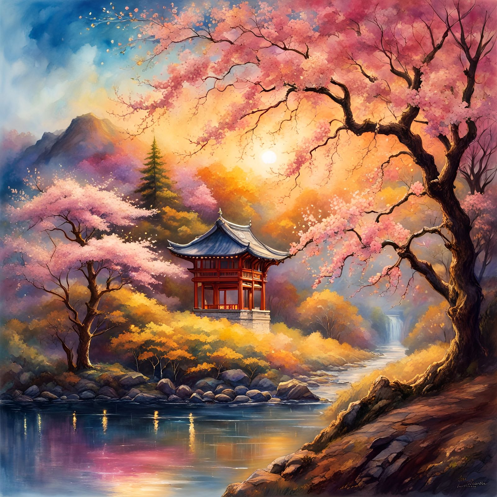 Polychromatic Cherry Blossoms in Watercolor Style