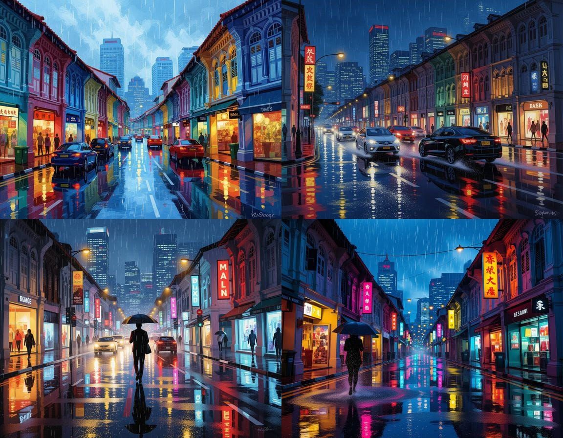 Rainy Singapore Street Scene with Reflections