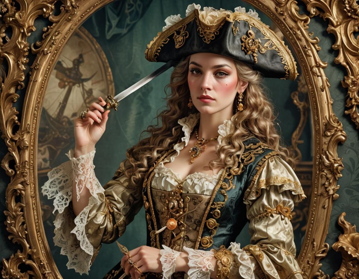 Rococo Pirate Portrait with Sword and Mirror