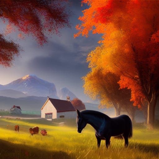 Autumn Farmhouse Scene with Horse and Rabbit