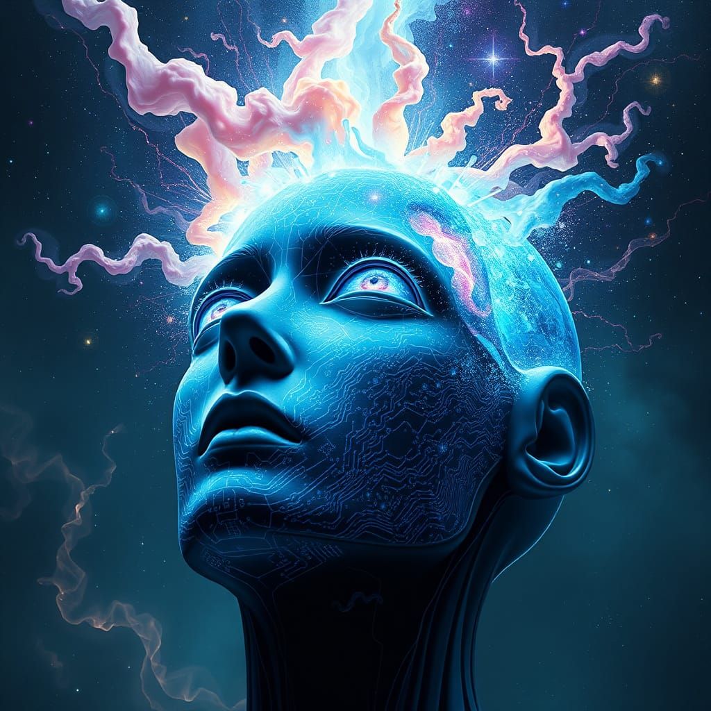 Android Face with Glowing Circuitry in Surreal Cosmic Dream