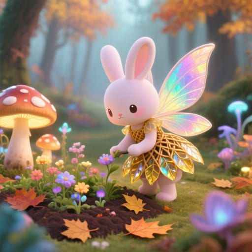 Whimsical Rabbit Fairy Tends Mystical Garden